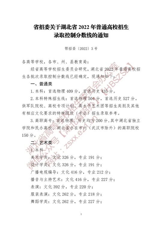关于湖北省2022年普通高校招生录取控制分数线的通知