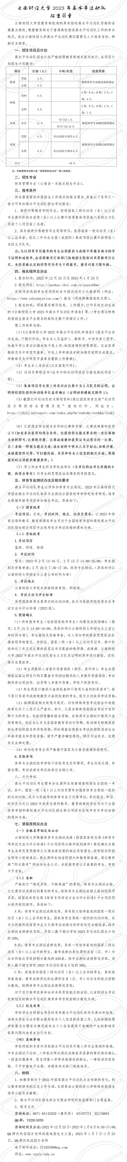 云南财经大学2023年高水平运动队招生简章