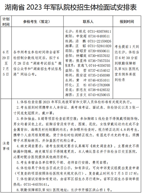 湖南省2023年军队院校招生体格检查和面试工作手册