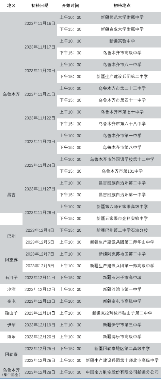 2024年度中国南方航空股份有限公司招飞新疆地区初检安排