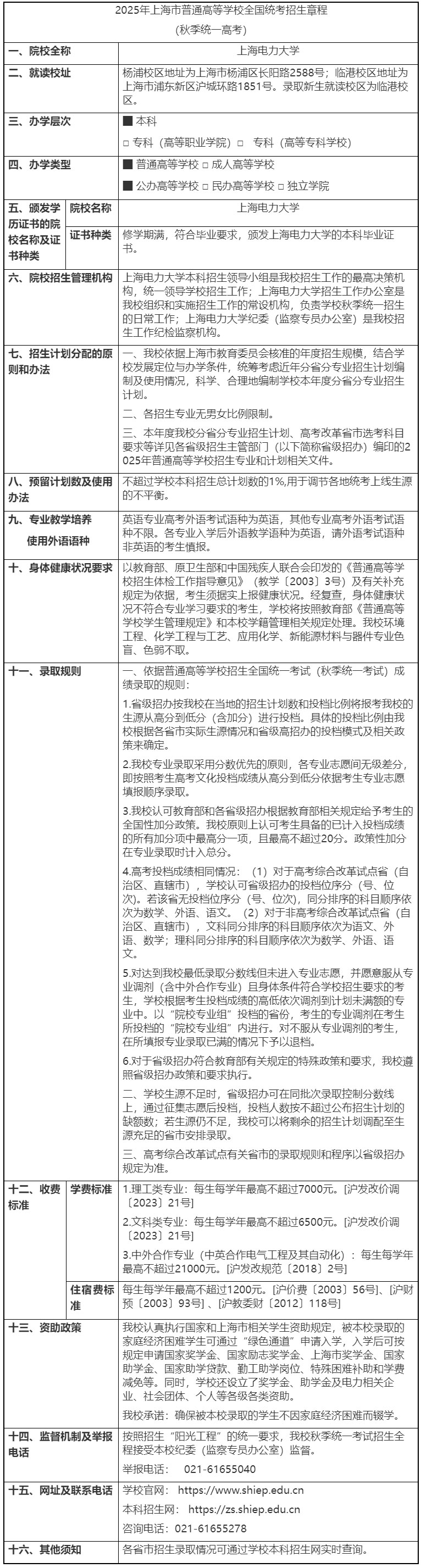 2025年上海电力大学招生章程（秋季高考）