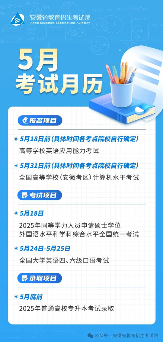 安徽省2025年5月教育招生考试月历