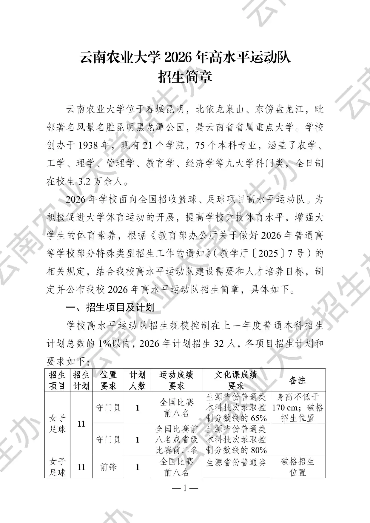 云南农业大学2026年高水平运动队招生简章