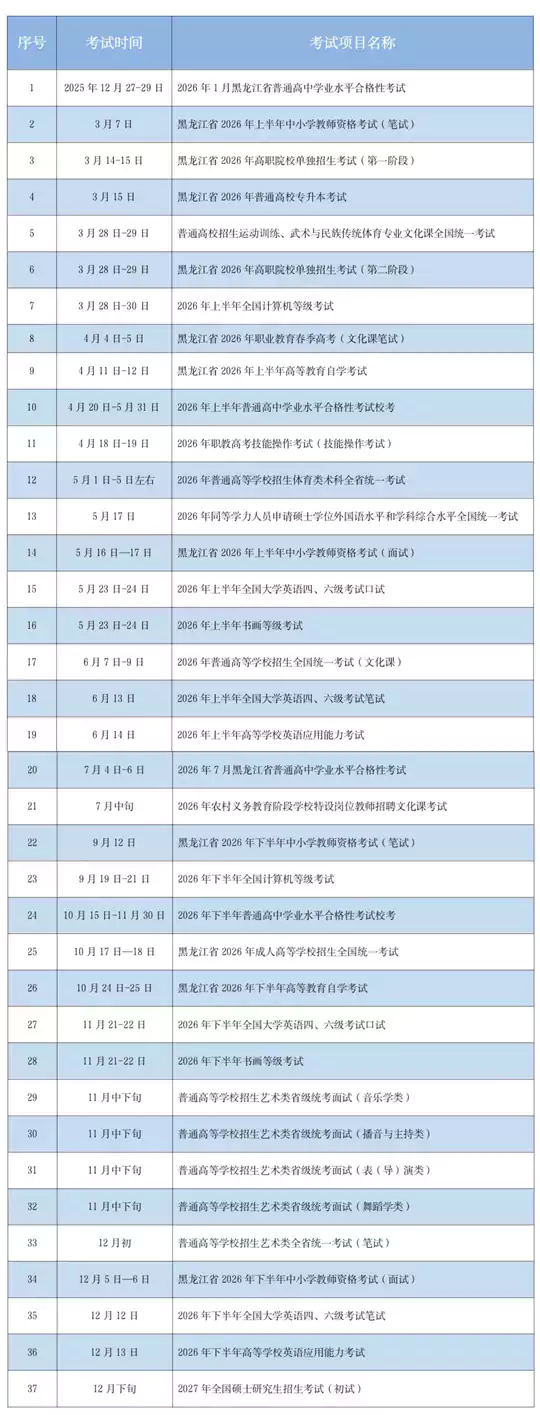 2026年黑龙江省教育考试时间安排表