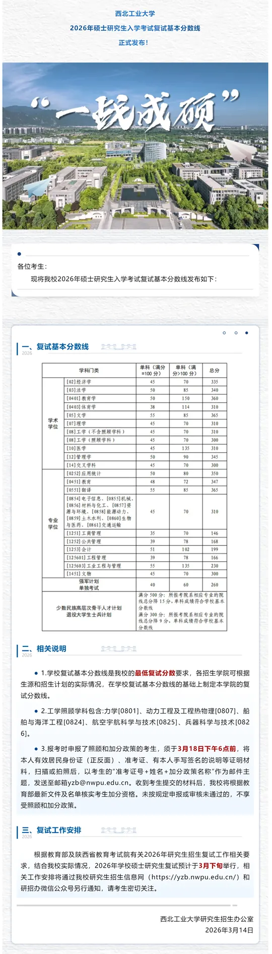 西北工业大学2026年硕士研究生入学考试复试基本分数线正式发布！